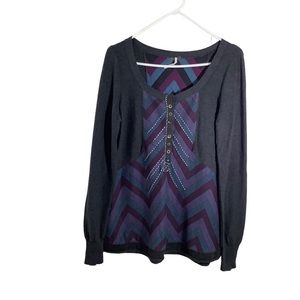 Free People Chevron Half Button Front Long Sleeve Top